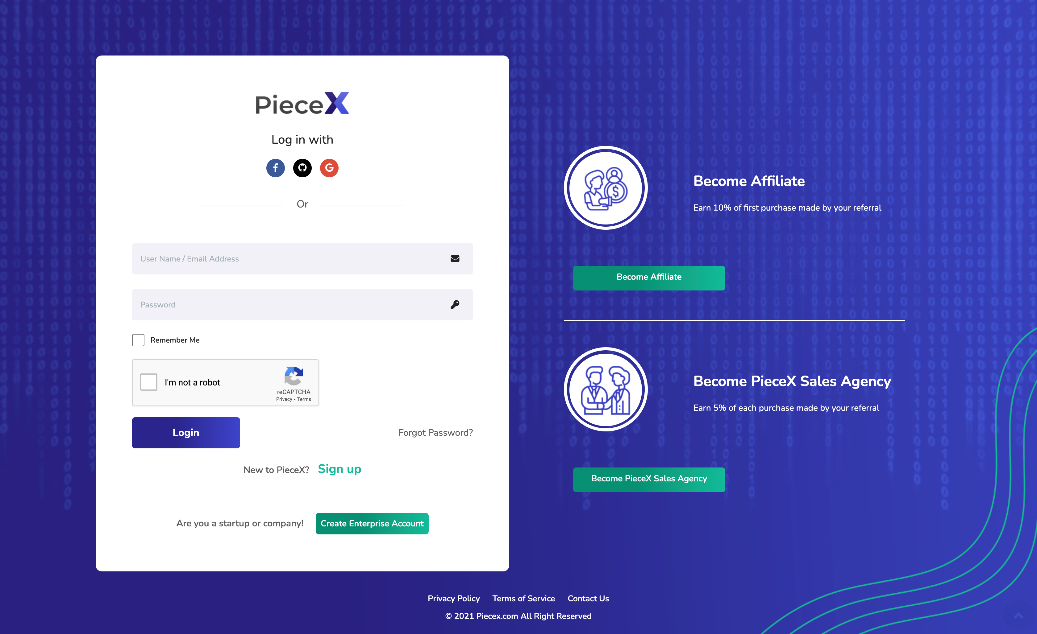 PieceX Log In Page used to sell software source code